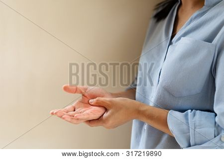 Woman Wrist Arm Pain Long Working. Office Syndrome Healthcare And Medicine Concept