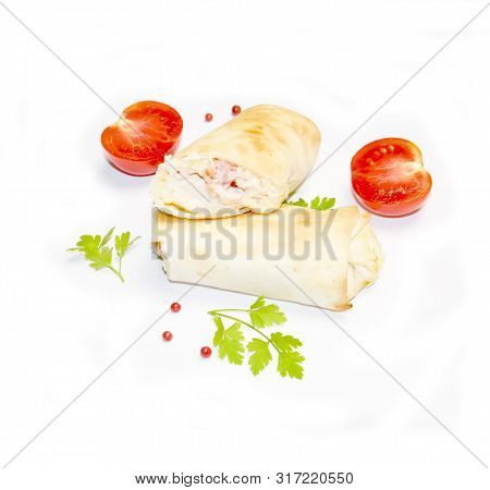 Cut Shawarma Or Donar And Cut Tomato Selective Focus White Background