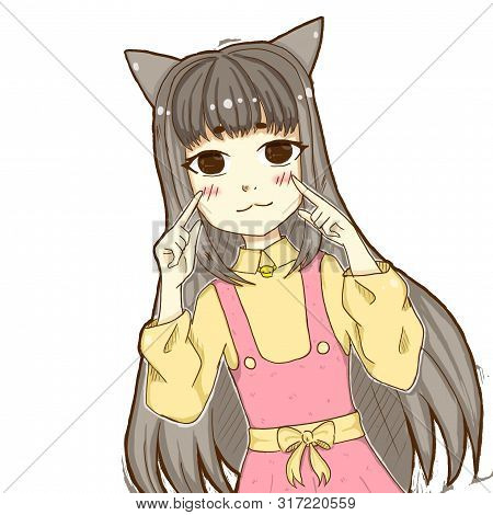 Cute Anime Girl With Ears Smiling. Her Favorite Colors Are Gray, Yellow And Pink