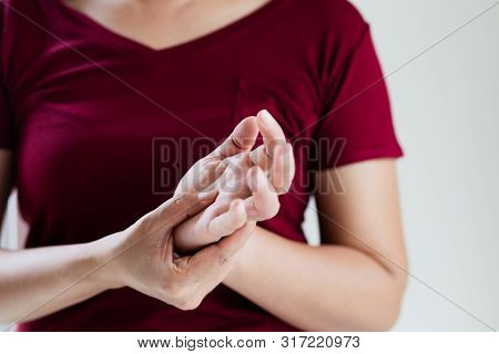 Woman Wrist Arm Pain Long Working. Office Syndrome Healthcare And Medicine Concept