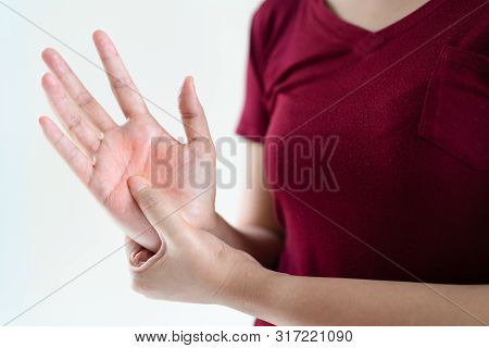 Woman Wrist Arm Pain Long Working. Office Syndrome Healthcare And Medicine Concept