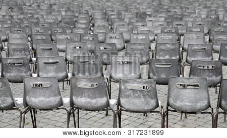 Many Grey Chairs After The Event Without People