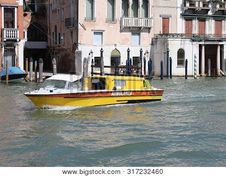 Special Yellow Boat Ambulance In Venice Italy. In This Island The Roads Are Waterway