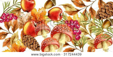 Autumn Harvest Pattern Vector. Fall Muchrooms And Fruits Decor Posters
