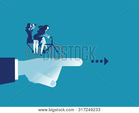 Manager Pointing Of Team Go To Success. Concept Business Riding Bicycle Vector Illustration.