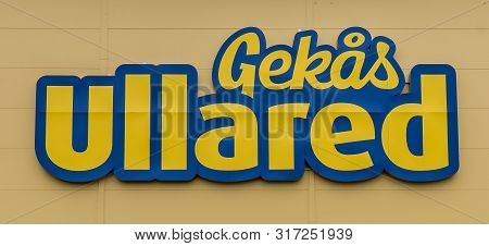 Yellow Sign At The Entrance Of Gekås Ullared, Sweden, June 16, 2019