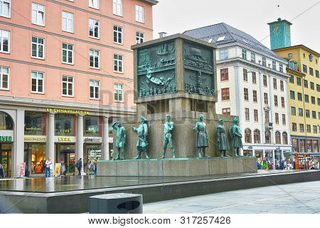 Bergen, Norway 07/18/2019  Sailor`s Monument On The Street Torgallmenningen In The Norwegian City Be