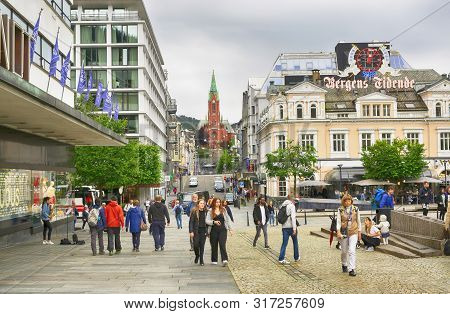 Bergen, Norway 07/18/2019 : The Street Torgallmenningen In The Norwegian City Bergen