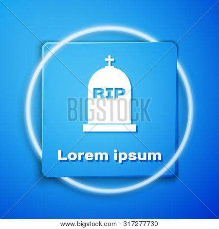 White Tombstone With Rip Written On It Icon Isolated On Blue Background. Grave Icon. Blue Square But