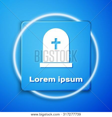 White Tombstone With Cross Icon Isolated On Blue Background. Grave Icon. Blue Square Button. Vector 