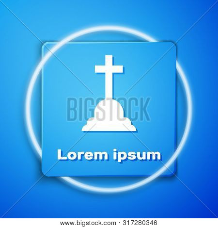 White Tombstone With Cross Icon Isolated On Blue Background. Grave Icon. Blue Square Button. Vector 