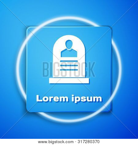 White Tombstone With Rip Written On It Icon Isolated On Blue Background. Grave Icon. Blue Square But