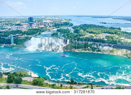 Beautiful Niagara Falls In Summer On A Clear Sunny Day, View From Canadian Side. Niagara Falls, Onta