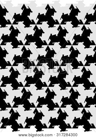 Seamless Black And Gray Background With Cats, Mosaic In The Style Of Escher, Vector Illustration Eps