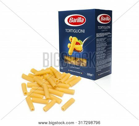 Chisinau, Moldova - August 14, 2019: Barilla Tortiglioni Nr 83. Italian Pasta In A Box Isolated On W