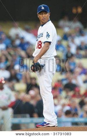 LOS ANGELES - AUG 8: Los Angeles Dodgers P Hiroki Kuroda #18 pladser i løbet af MLB spillet på Aug 8 20
