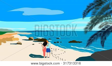 Seafront View On Long Sand Beach With Stones. Human Steps On Sand Among The Seafront. Couple Hugging