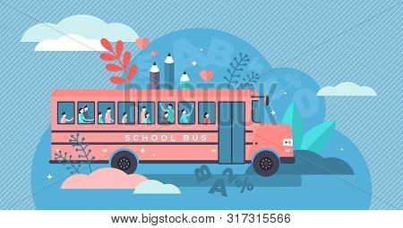 School Bus Vector Illustration. Flat Tiny Pupil Transport Persons Concept. Classical Full Student Va