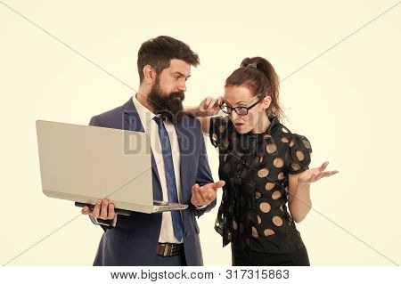 Supervisor Concept. Couple Working Using Laptop. Business Lady Check What Is Done. Outrageous Result