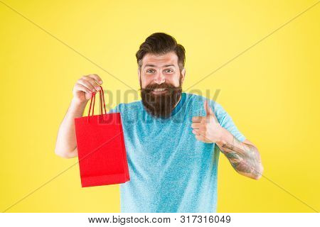 Bearded Man Smiling With Purchase. Impulse Purchase. Shopping Concept. Shop Store Mall Boutique. Buy