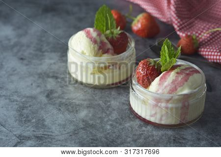 Summer Vanilla Ice Cream With Mint Leaves And Strawberries, Sweet Dessert. Copy Space.