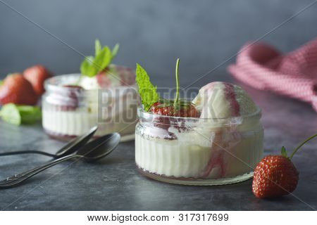 Summer Vanilla Ice Cream With Mint Leaves And Strawberries, Sweet Dessert. Copy Space.