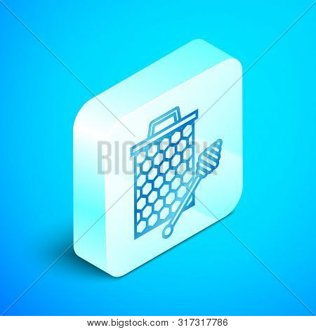 Isometric Line Honeycomb With Honey Dipper Stickicon Isolated On Blue Background. Honey Ladle. Honey