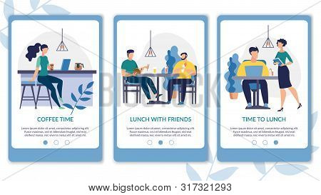 Advertising Flyer Is Written Lunch Time Cartoon. Poster Inscription Coffee Time, Lunch With Friends.