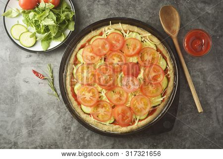 Vegetarian Pizza. Cooking Process Of Vegetable Homemade Pizza With Fresh Ingredients Isolated On Dar