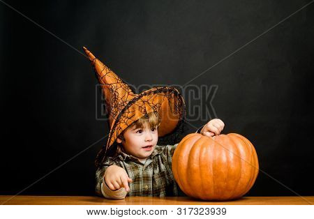 Trick Or Treat. Halloween. 31 October. Little Witch With Pumpkin.witch. Witcher. Hag. Beldam. Charme