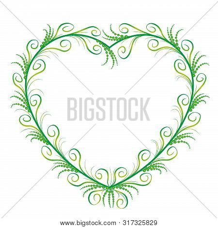 Heart Shaped Frame, Rustic Country Style. Green And Red Ornament Pattern With Graceful And Romantic 