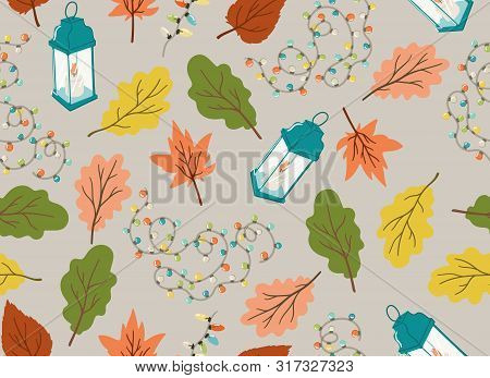 Garden Lantern, Autumn Leaves And Bulb Garland Seamless Hand Drawn Cartoon Style Pattern. Background