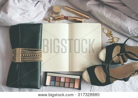 Female Morning Book. Morning Make Up Tips Mockup. Blank Page Notebook, Make Up Cosmetic, Clutch Bag 