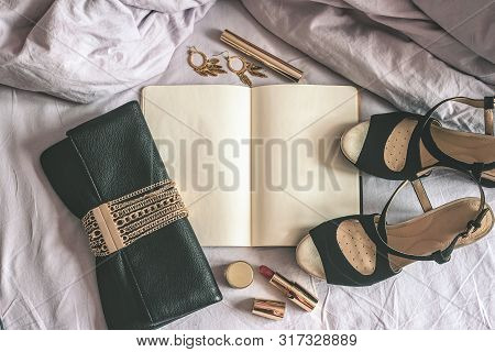Female Morning Book. Morning Make Up Tips Mockup. Blank Page Notebook, Make Up Cosmetic, Clutch Bag 