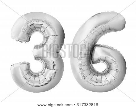Number 36 Thirty Six Made Of Silver Inflatable Balloons Isolated On White Background. Pink Helium Ba
