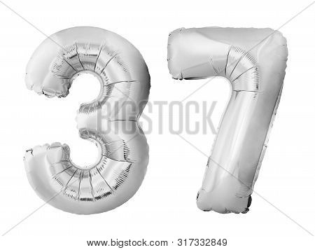 Number 37 Thirty Seven Made Of Silver Inflatable Balloons Isolated On White Background. Pink Helium 