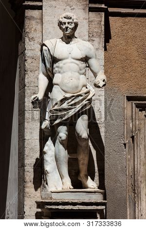 Rome, Italy - April, 2018: Details Of The Statues In The Courtyard Of The Palazzo Mattei Di Giove