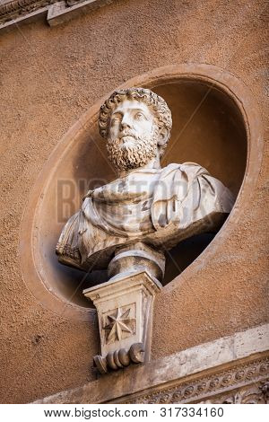 Rome, Italy - April, 2018: Details Of The Statues In The Courtyard Of The Palazzo Mattei Di Giove
