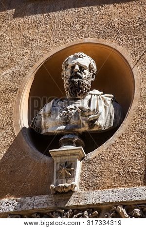 Rome, Italy - April, 2018: Details Of The Statues In The Courtyard Of The Palazzo Mattei Di Giove