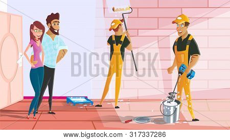 Home, Apartment Repair, Painting Works Service Cartoon Vector Concept. Happy Couple Watching For Roo