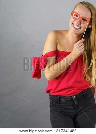 Happy Woman Holding Paper Decoration Photo Booth Mask Glasses On Stick, Having Fun. Wedding, Birthda