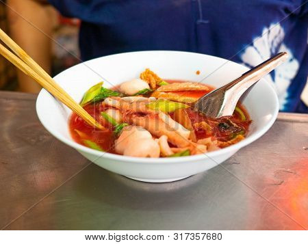 Yentafo Noodle With Fish Meatball Good Tasty Food,in Restaurant At Market (sampeng),bangkok,thailand