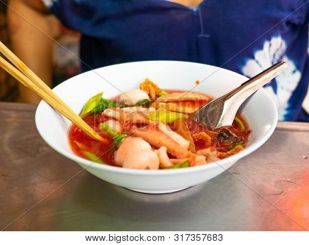 Yentafo Noodle With Fish Meatball Good Tasty Food,in Restaurant At Market (sampeng),bangkok,thailand