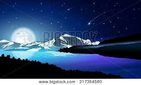 High Mountains And Calm River Water Landscape With Forest Slopes And Snowy Peaks. Huge Full Moon Aga