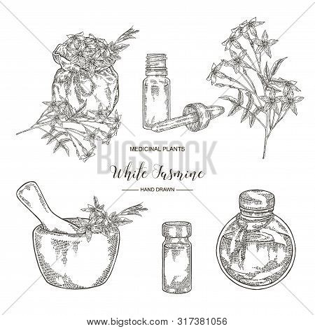 White Jasmine Set. Jasminum Officinale Flowers And Leaves With Textile Bag, Mortar And Glass Botlles