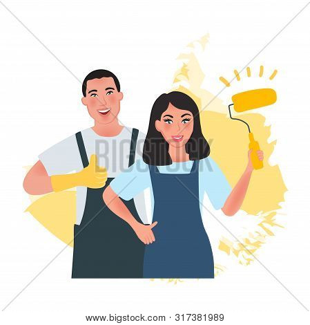 A Man Builder And A Woman Painter Holding A Roller With Paint. Masters Painters In Overalls. Vector 