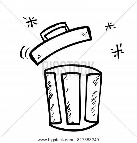 Vector Outline Hand Draw Sketch Of Opened Empty Clean And Tidy Trash Bin, At White.