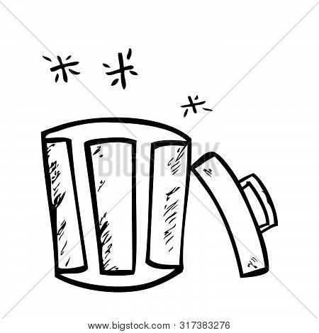 Vector Outline Hand Draw Sketch Of Opened Empty Clean And Tidy Trash Bin, At White.
