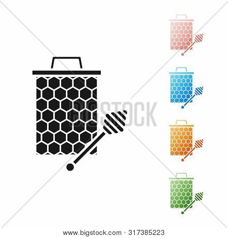 Black Honeycomb With Honey Dipper Stickicon Isolated On White Background. Honey Ladle. Honey Cells S