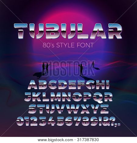 Vector 80s Retro Futurism Style Font, With Futuristic Violet Sun And People Gaze On It. Tubular Font